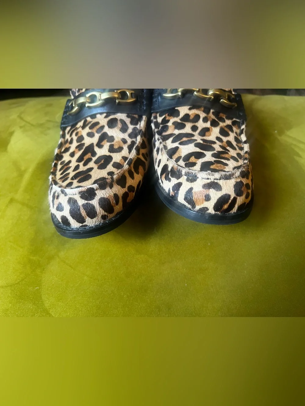 Coach Women's Leopard Print Loafers with Black Strap and Gold Chain